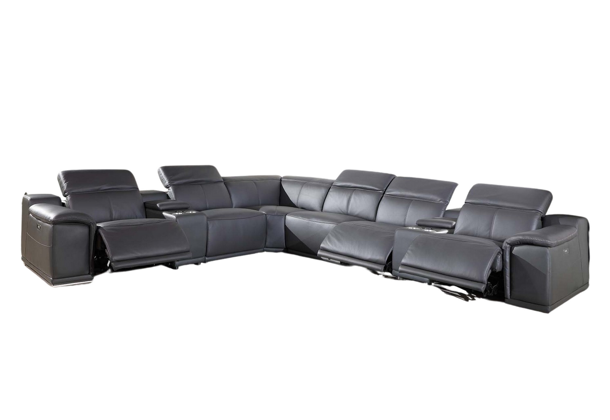 Gray Italian Leather Power Reclining 8-Piiece Corner Sectional with Console