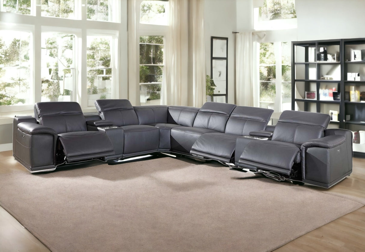 Gray Italian Leather Power Reclining 8-Piiece Corner Sectional with Console