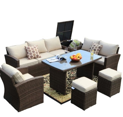 Brown 7-Piece Steel Outdoor Sectional Sofa Set with Ottomans and Storage Box