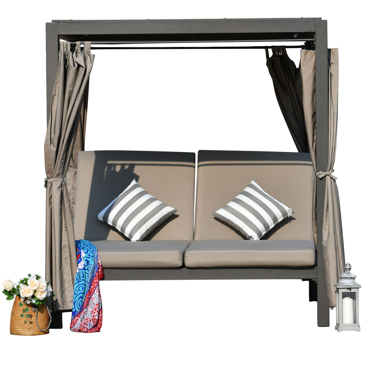 Gray Steel Metal Adjustable Outdoor Daybed with Canopy and Taupe Cushions