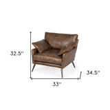 33" Brown And Silver Faux Leather Distressed Arm Chair