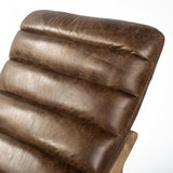 54" Brown And Wood Brown Genuine Leather Tufted Distressed Lounge Chair