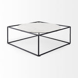 36" White And Black Genuine Marble And Metal Square Coffee Table
