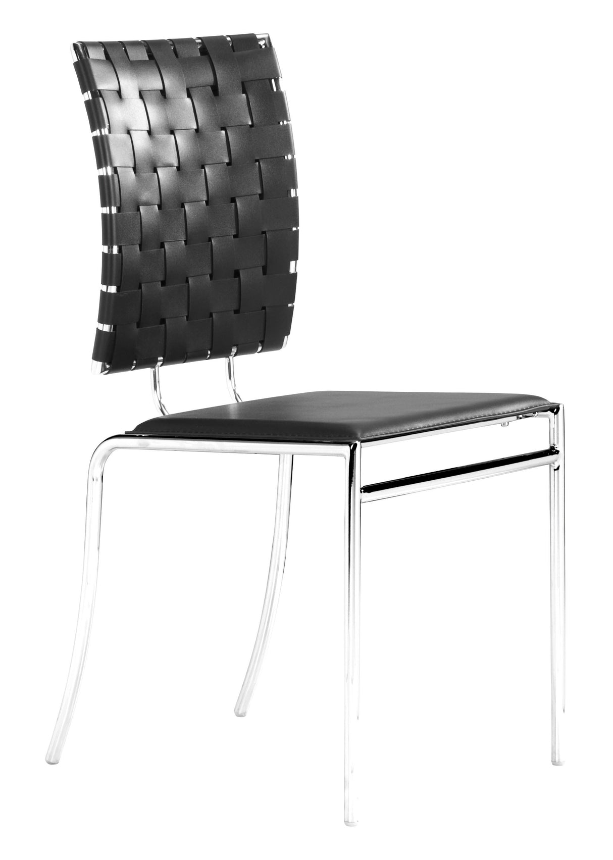 Set of Four Black Faux Leather and Steel Modern Basket Weave Dining Chairs