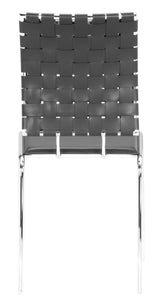 Set of Four Black Faux Leather and Steel Modern Basket Weave Dining Chairs