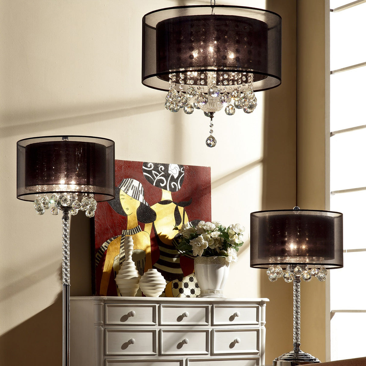 Contempo Silver Ceiling Lamp with Black Shade and Crystal Accents