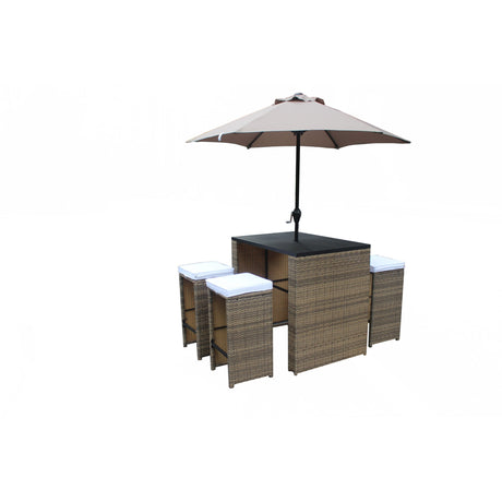Brown and White Faux Wicker 6-Piece Outdoor Bar Height Table Set with Umbrella and Stools