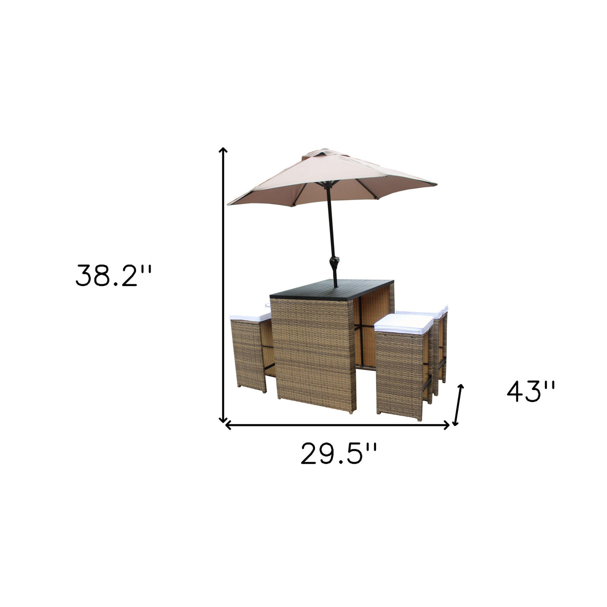 Brown and White Faux Wicker 6-Piece Outdoor Bar Height Table Set with Umbrella and Stools