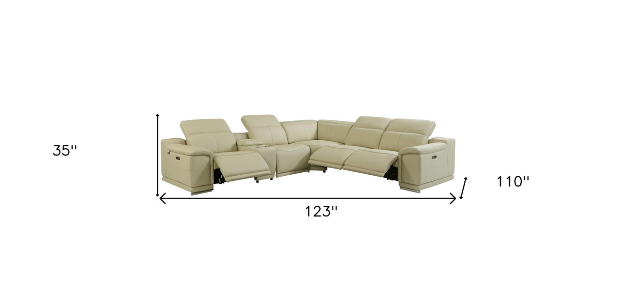 Light Gray Italian Leather Power Reclining U Shaped Six Piece Corner Sectional With Console