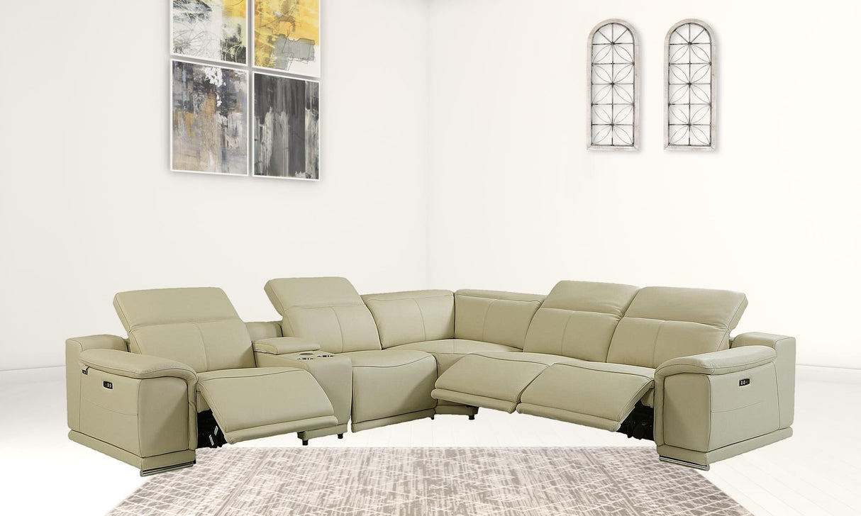 Light Gray Italian Leather Power Reclining U Shaped Six Piece Corner Sectional With Console