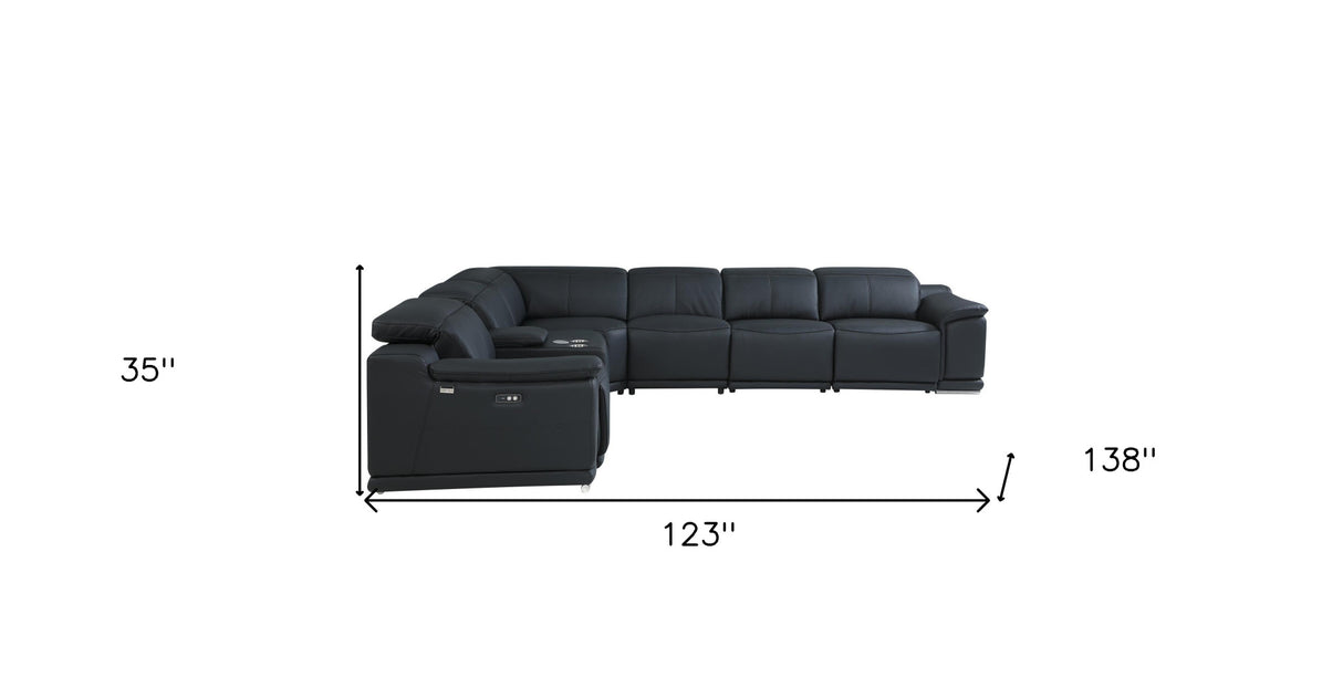 Black Italian Leather Power Reclining U Shaped Seven Piece Corner Sectional With Console