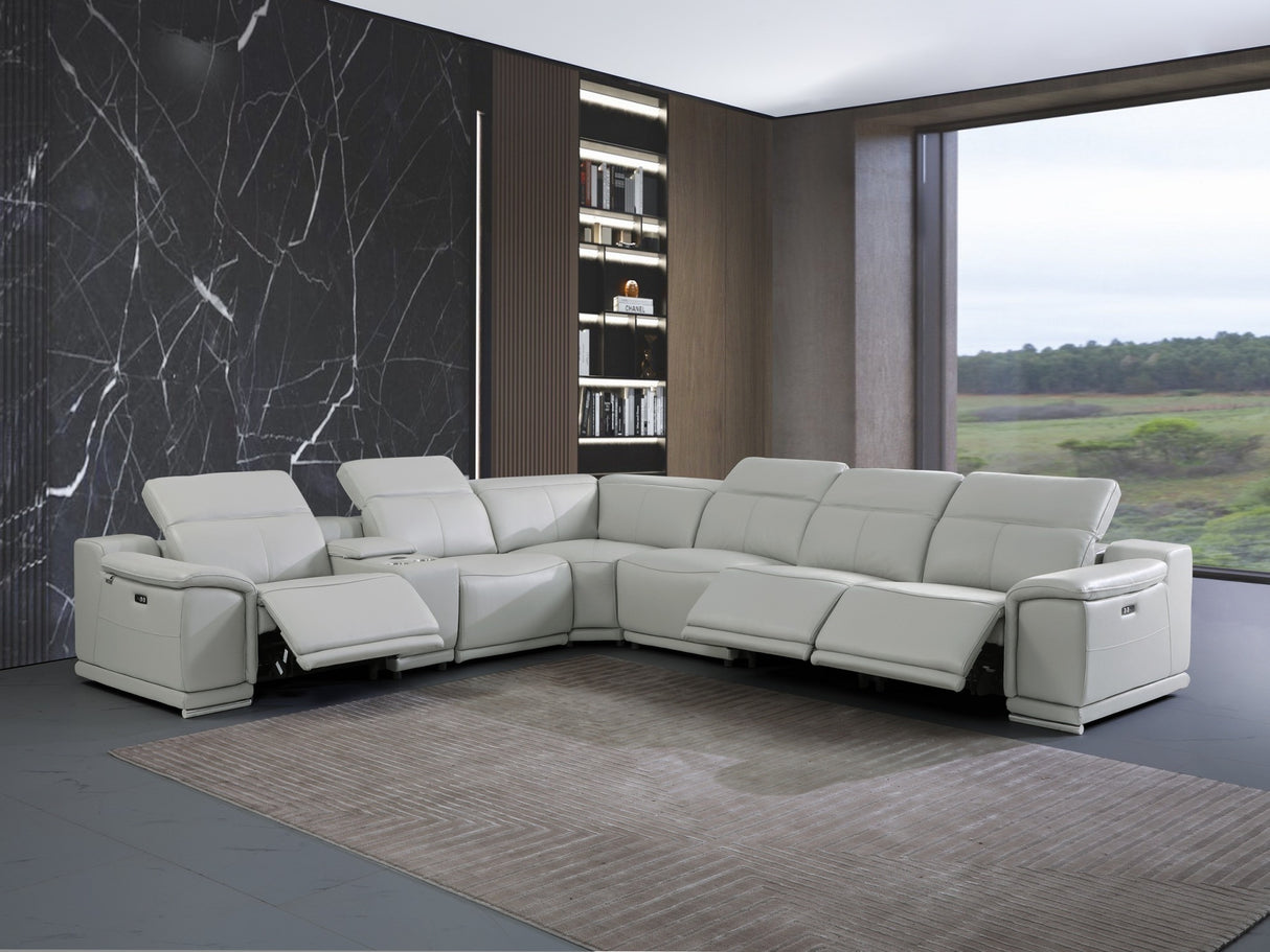 Light Gray Italian Leather Power Reclining U Shaped 7-Piece Corner Sectional With Console