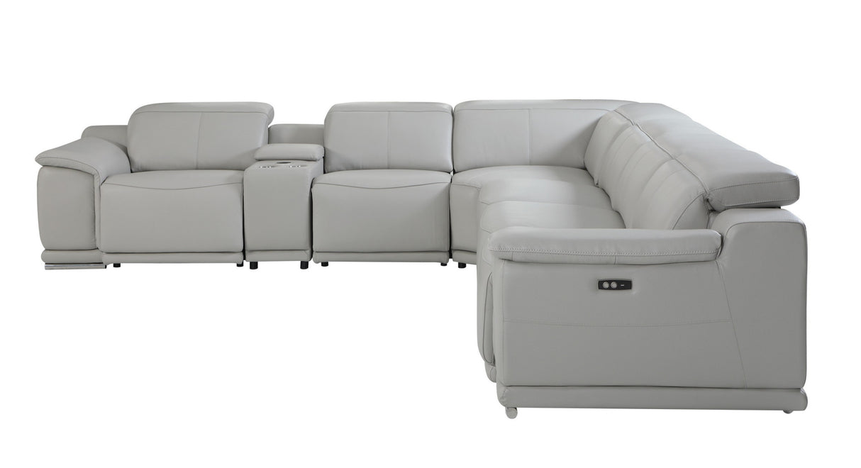 Light Gray Italian Leather Power Reclining U Shaped 7-Piece Corner Sectional With Console