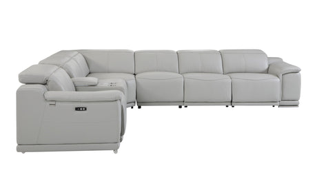 Light Gray Italian Leather Power Reclining U Shaped 7-Piece Corner Sectional With Console