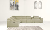 Beige Italian Leather Power Reclining L Shaped 8-Piece Corner Sectional With Console