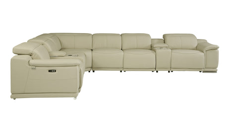 Beige Italian Leather Power Reclining L Shaped 8-Piece Corner Sectional With Console