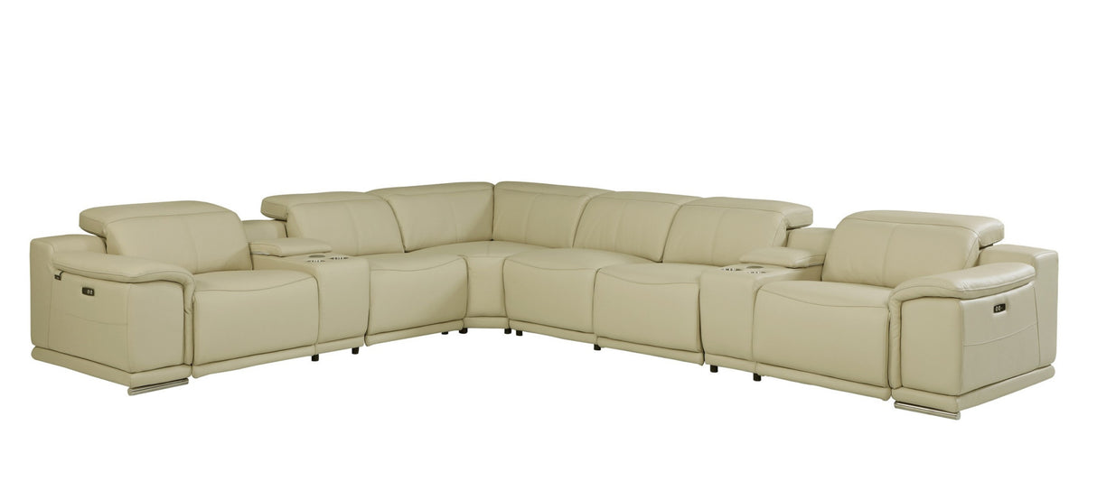 Beige Italian Leather Power Reclining L Shaped 8-Piece Corner Sectional With Console