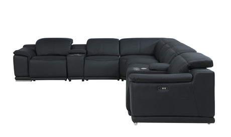 Black Italian Leather Power Reclining L Shaped Eight Piece Corner Sectional With Console