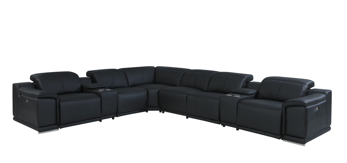 Black Italian Leather Power Reclining L Shaped Eight Piece Corner Sectional With Console