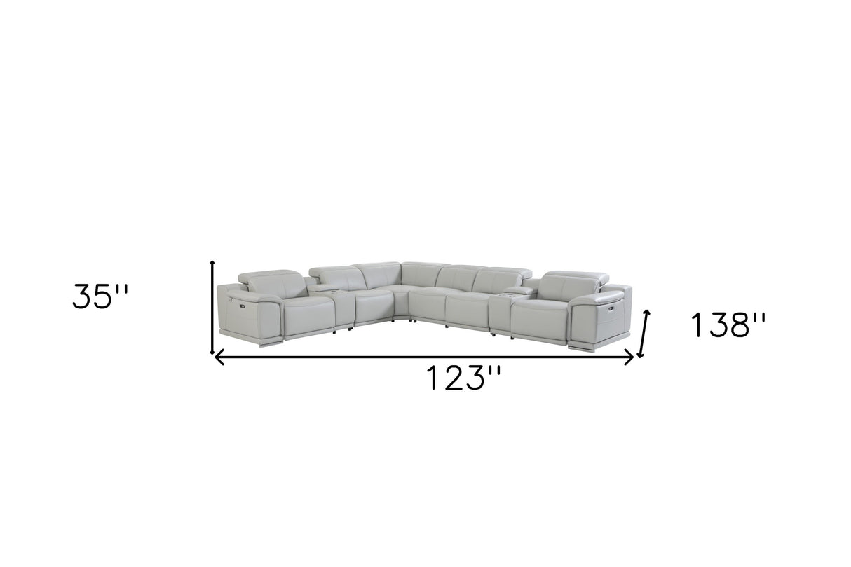 Light Gray Italian Leather Power Reclining L Shaped 8-Piece Corner Sectional With Console