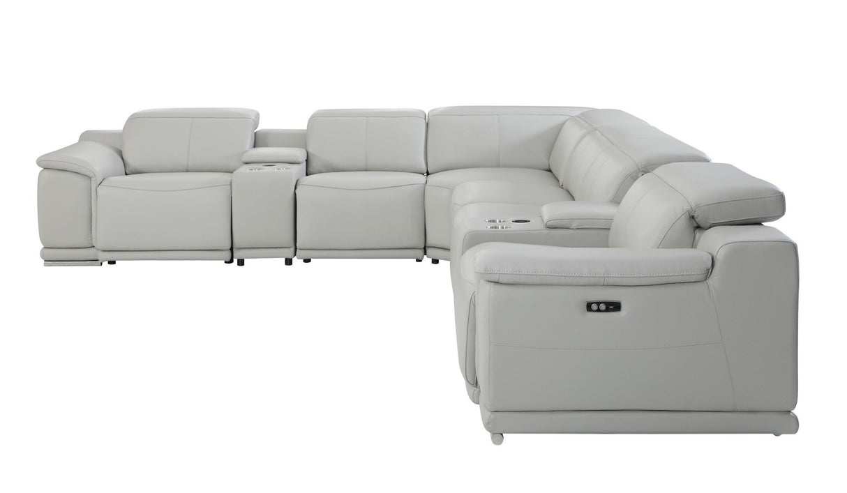 Light Gray Italian Leather Power Reclining L Shaped 8-Piece Corner Sectional With Console