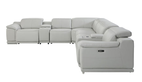 Light Gray Italian Leather Power Reclining L Shaped 8-Piece Corner Sectional With Console