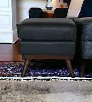 22" Navy Blue Genuine Leather and Brown Ottoman