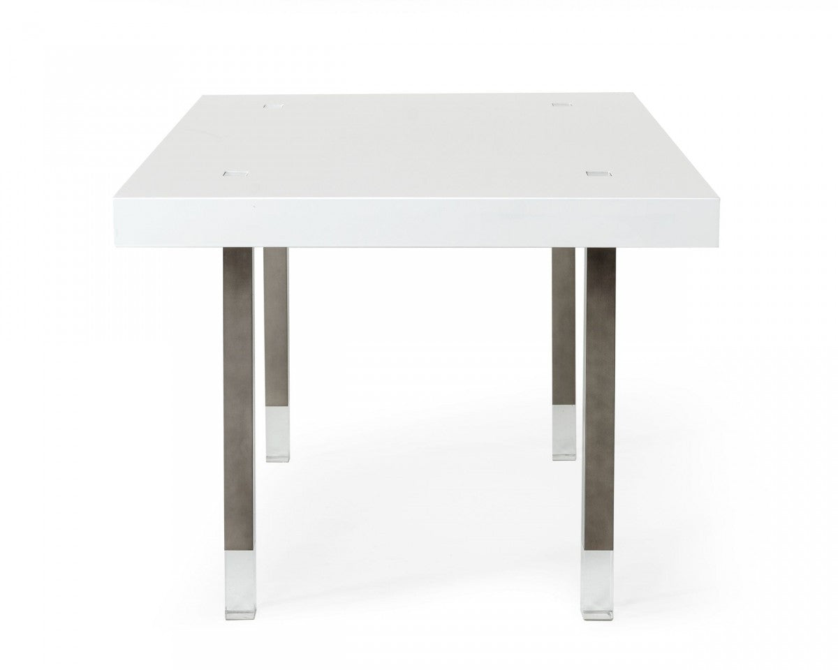 95" White And Gun Metal Rectangular Manufactured Wood And Stainless Steel Dining Table