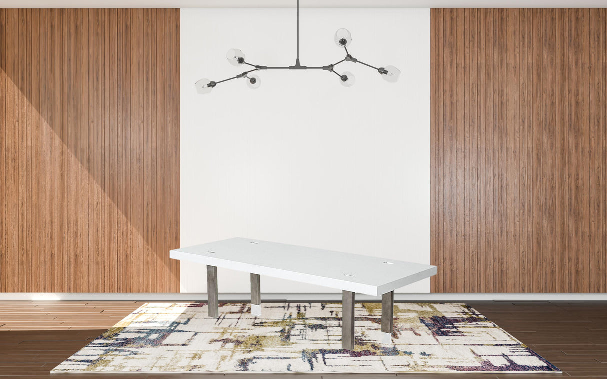 95" White And Gun Metal Rectangular Manufactured Wood And Stainless Steel Dining Table