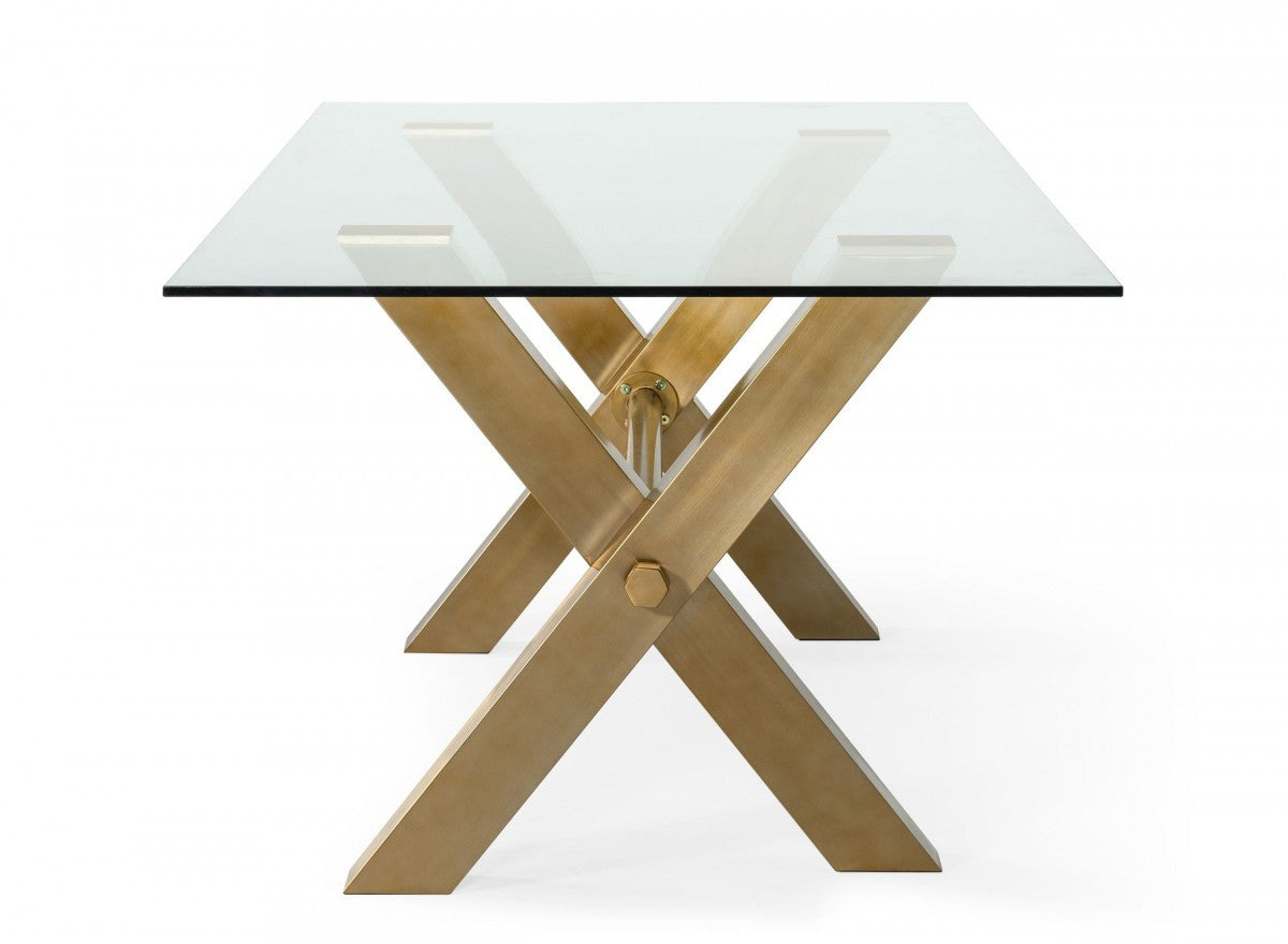 Clear And Gold Rectangular Glass And Stainless Steel Dining Table