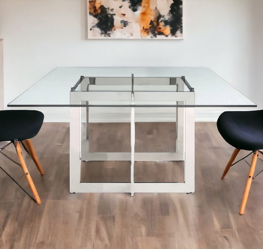 59" Clear And Gun Metal Square Glass And Stainless Steel Dining Table