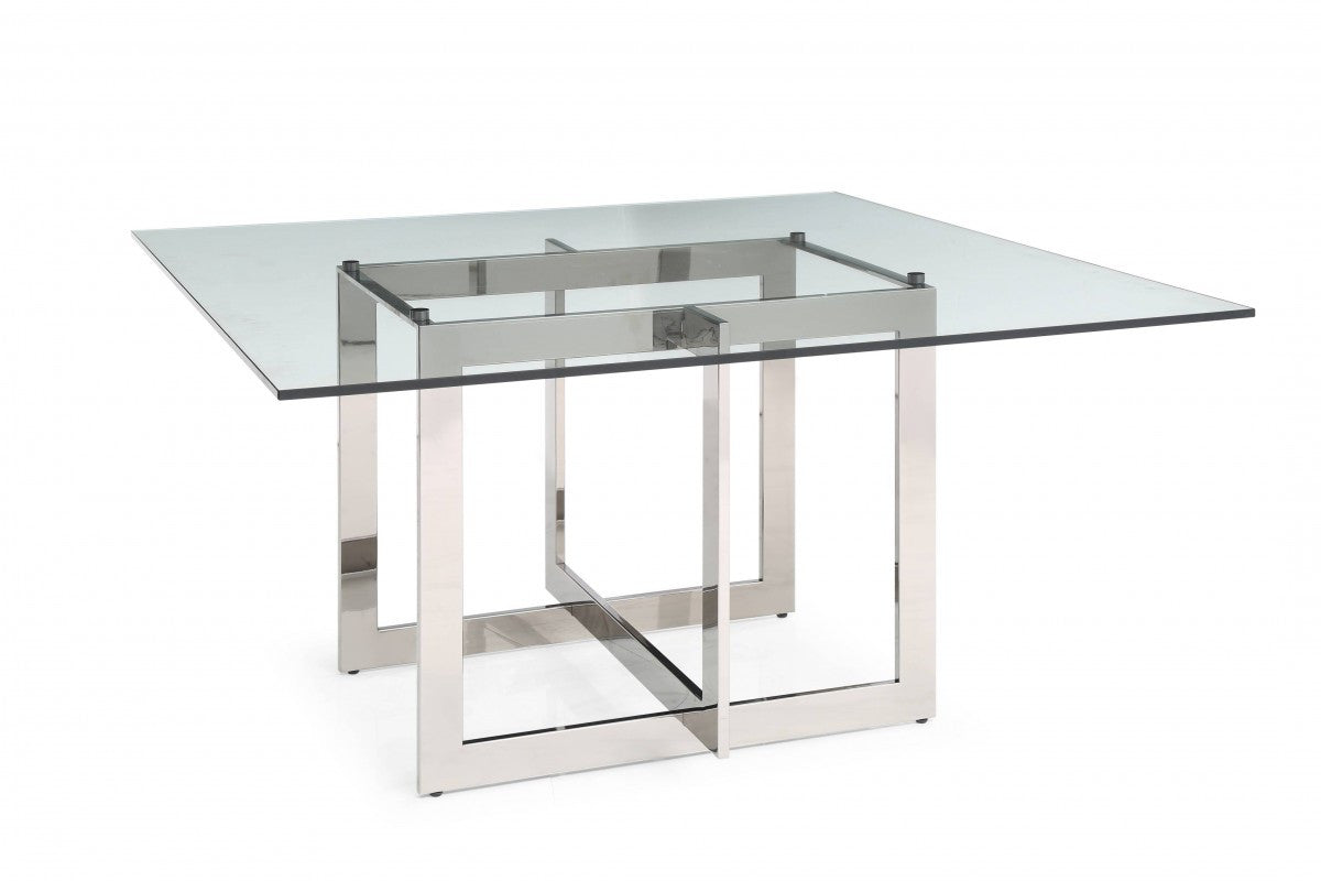 59" Clear And Gun Metal Square Glass And Stainless Steel Dining Table