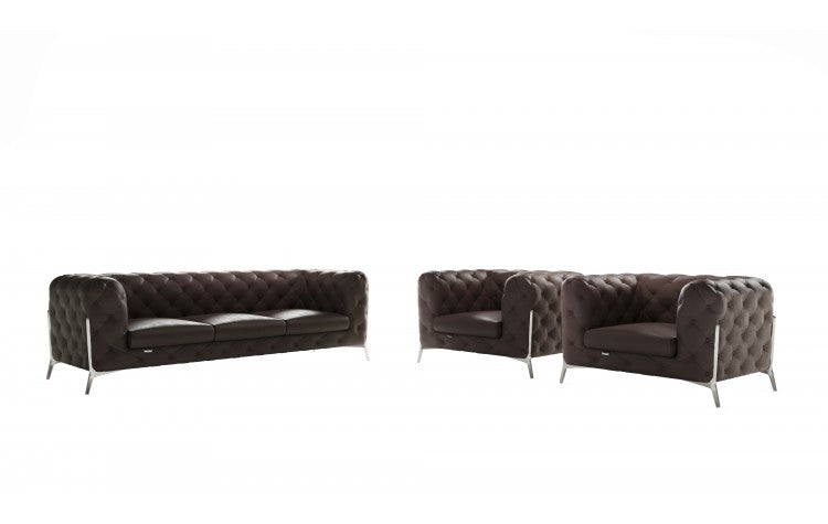 Modern Genuine Italian Leather Upholstered Sofa and Two Chairs  in Brown