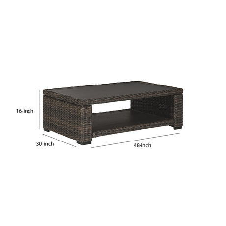 Wicker Woven Aluminum Frame Cocktail Table with Open Shelf, Brown and Black