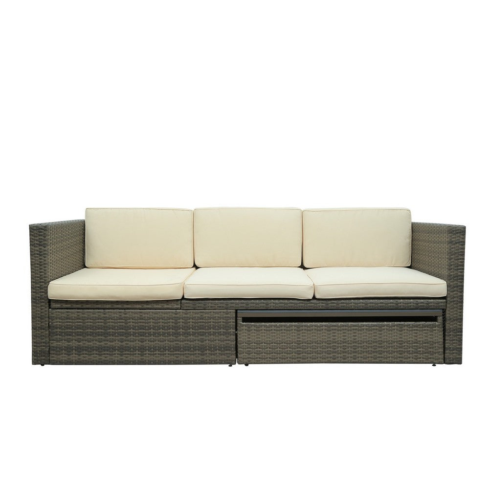 5 Piece Outdoor Reclining Sofa Set with Lift Top Table, Rattan Frame, Beige