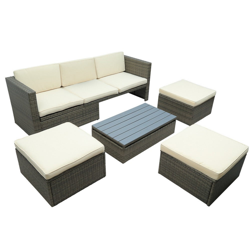 5 Piece Outdoor Reclining Sofa Set with Lift Top Table, Rattan Frame, Beige