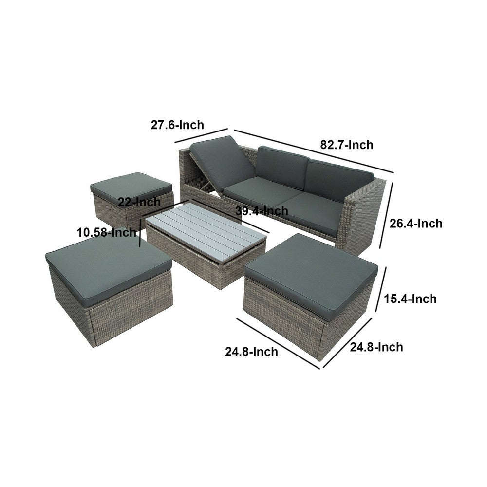 5 Piece Outdoor Sofa Set, 3 Ottomans, Lift Top Coffee Table, Dark Gray