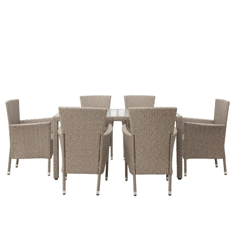 7 Piece Outdoor Patio Dining Table Set, All Weather Rattan in Soft Beige