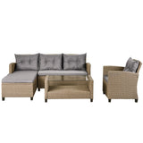 Leo 4 Piece Outdoor Sofa Conversation Set, Beige Rattan with Gray Fabric