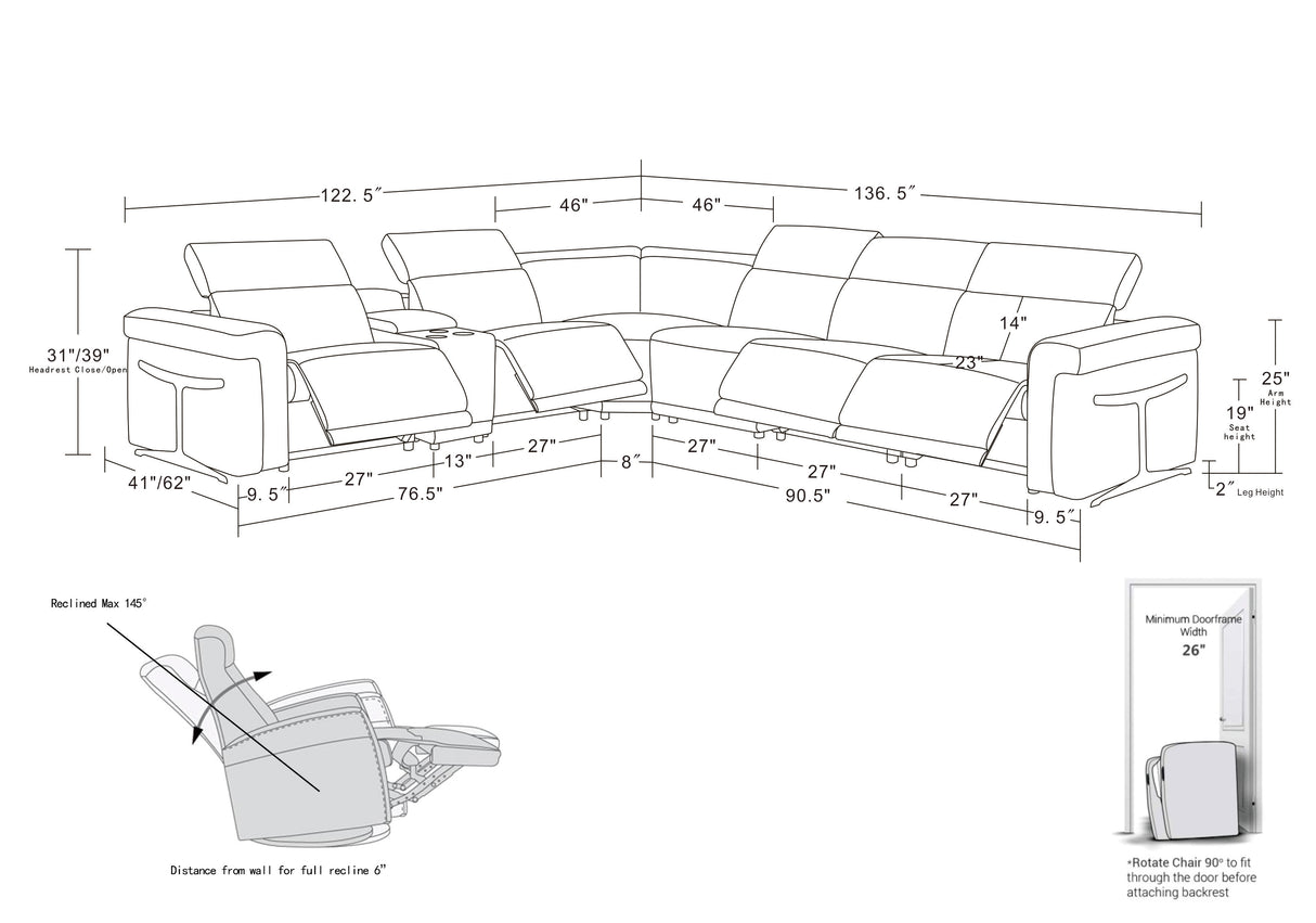 DivanItalia 1126 7-Piece 4-Power Reclining Italian Leather Sectional